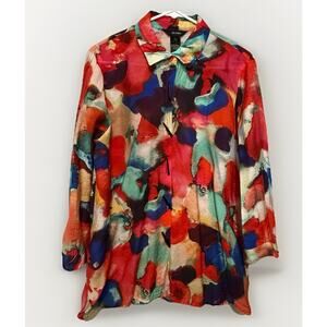 Ali Miles Watercolor Womens SIZE LARGE Button Up Shirt Blouse Tunic Top 3/4 Slev